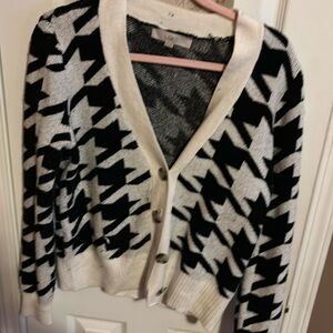 Patterned Loft cardigan.